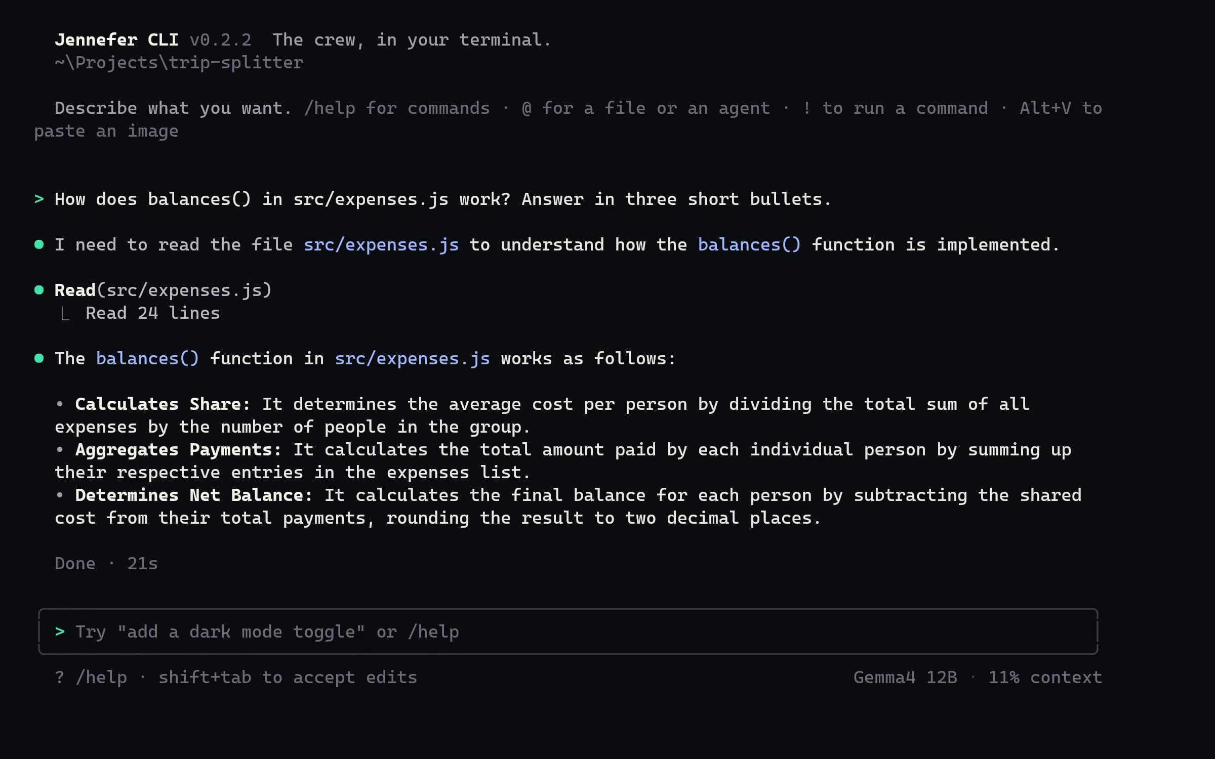 Jennefer CLI answering a question about a file in the trip-splitter project, done in 21 seconds on a local model