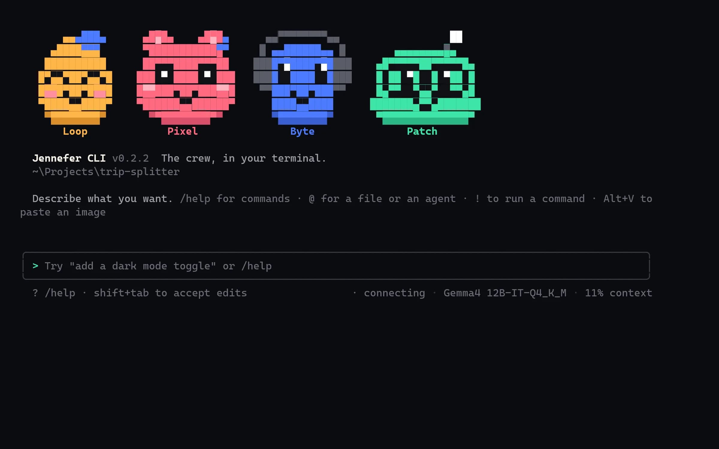 Jennefer CLI in Windows Terminal: the four Nefers in pixel art, the version line, the folder, and the hint about /help, @ and !