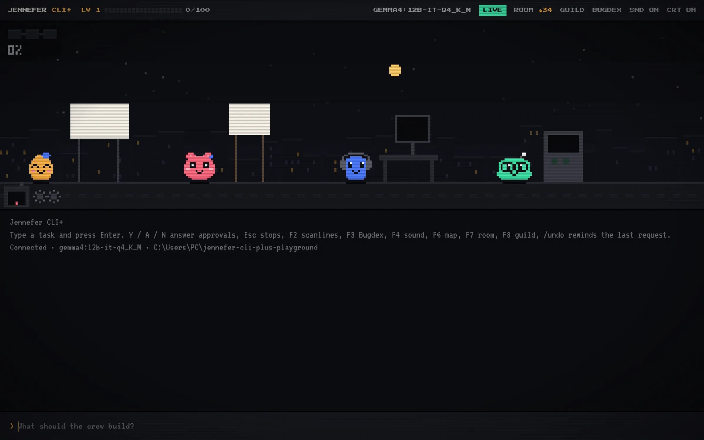 CLI+ with the crew on a pixel stage, the HUD with level, XP, folder, model and context, and the prompt at the bottom