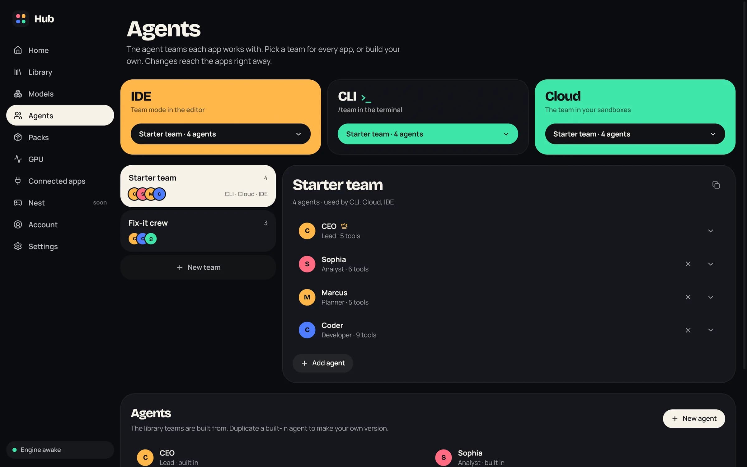 Hub > Agents: team pickers for IDE, CLI and Cloud, the list of teams, and the Starter team editor with CEO, Sophia, Marcus and Coder