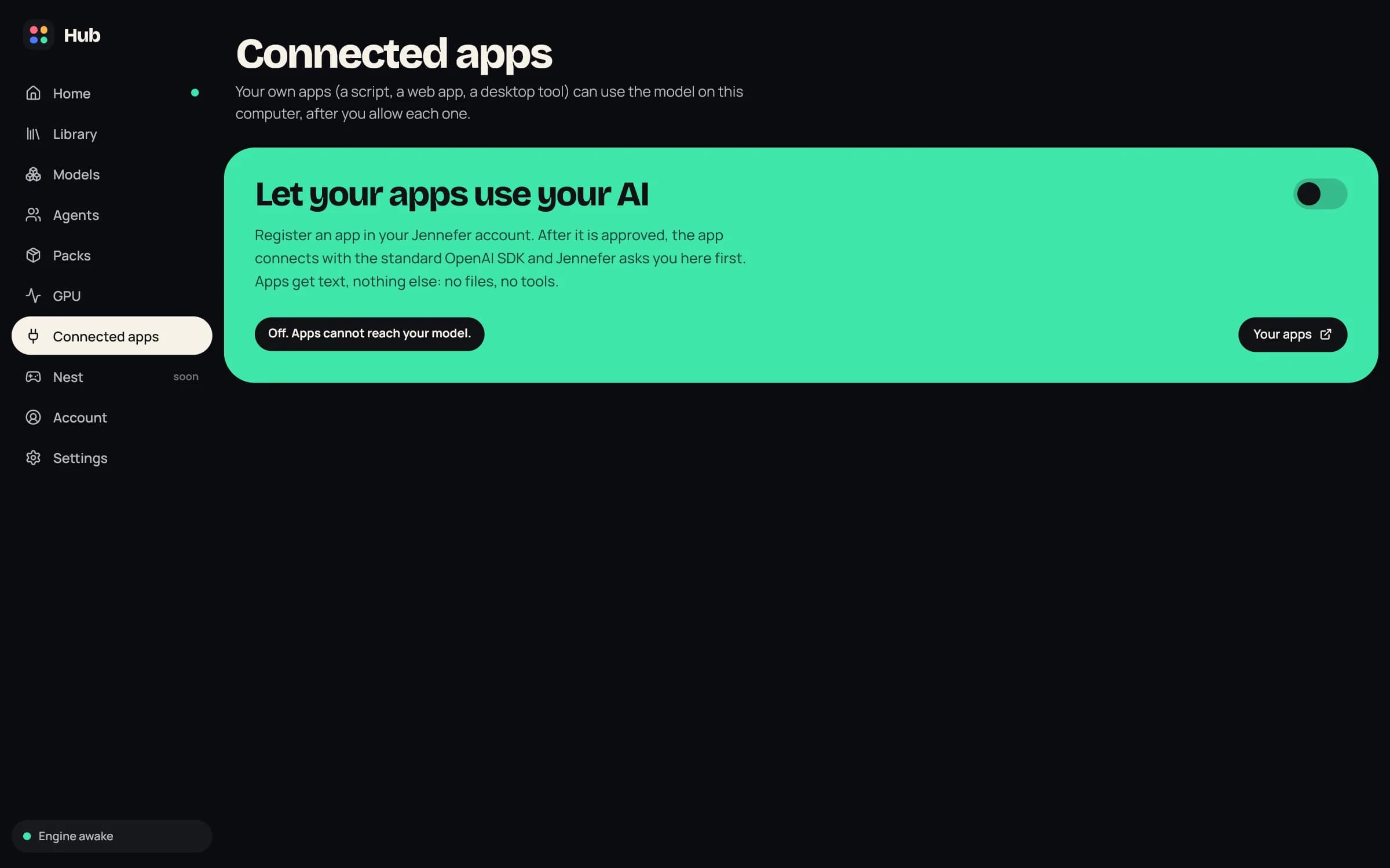 Hub > Connected apps: the Let your apps use your AI card with its switch off, the status Off. Apps cannot reach your model, and the Your apps button