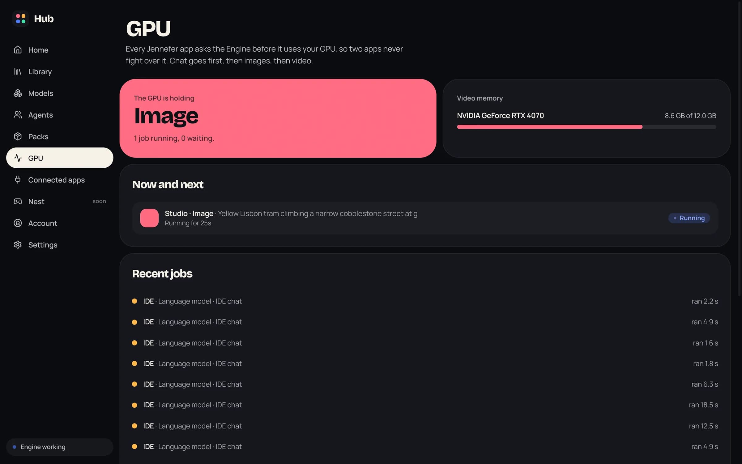 Hub > GPU: The GPU is holding an image job, video memory with load and temperature, the Now and next queue, and Recent jobs with run and wait times