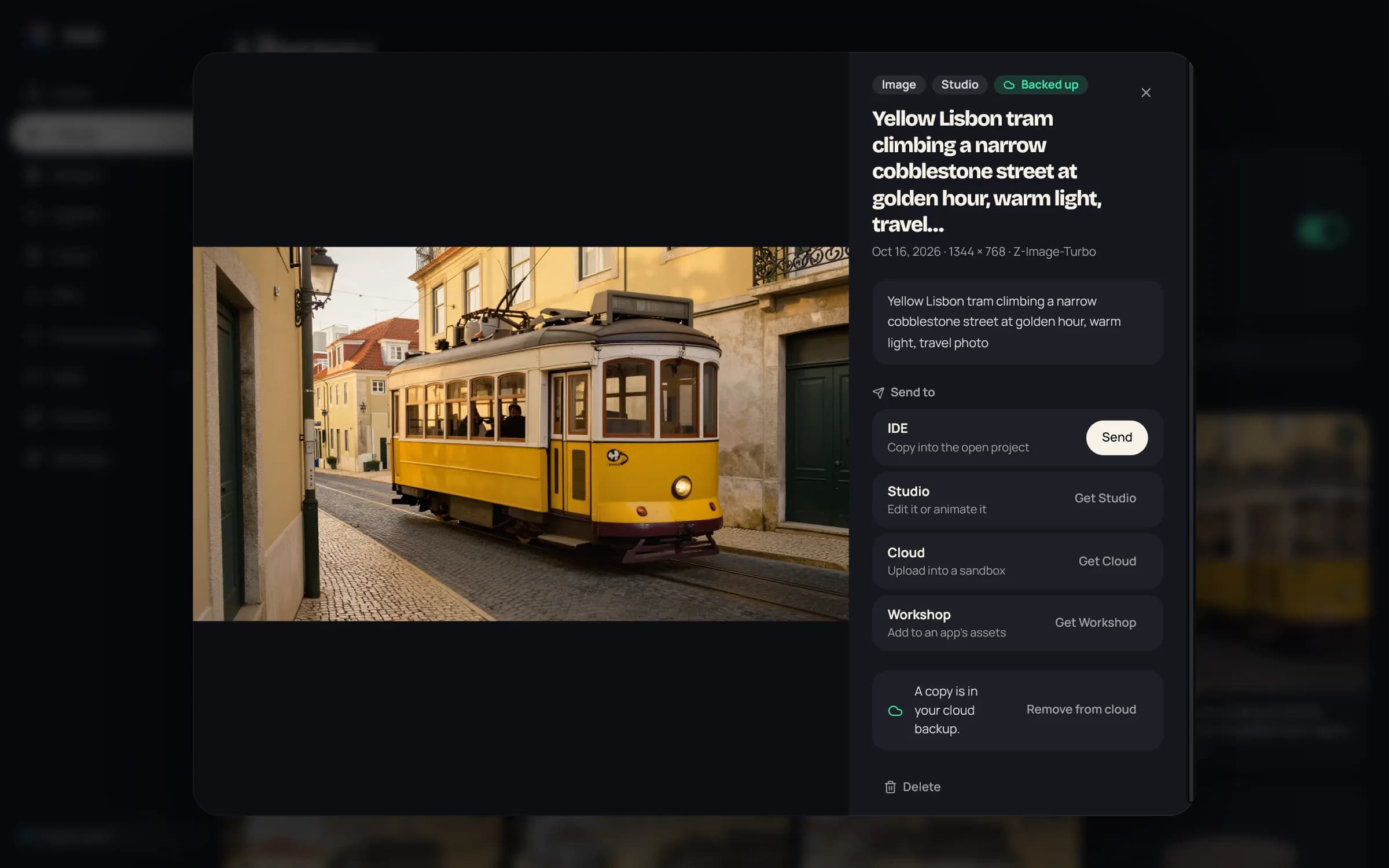 An image opened in Hub > Library: its prompt, size and model, the Backed up chip, and Send to with IDE (Send) and Studio, Cloud and Workshop (Get) rows