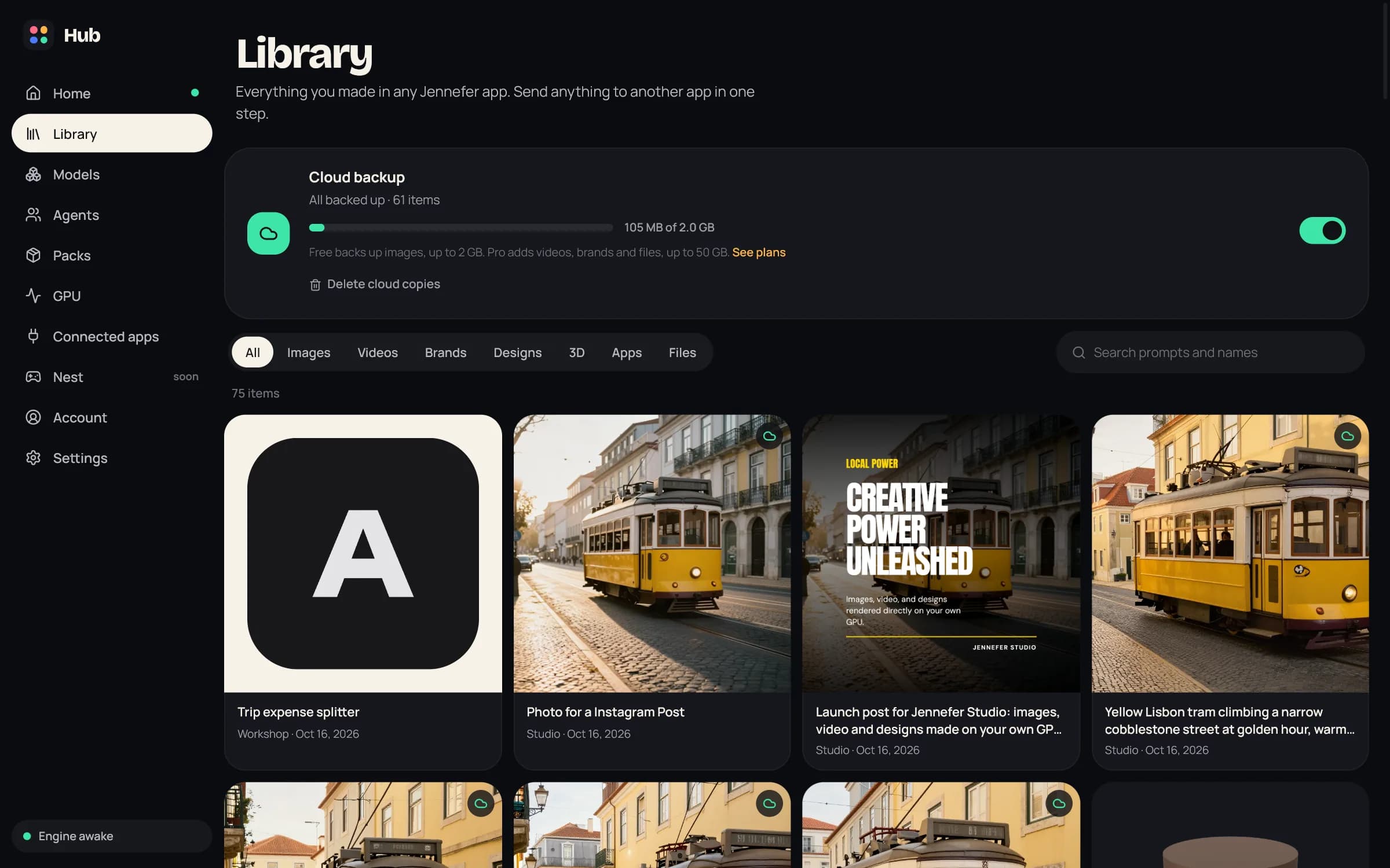 Hub > Library: the Cloud backup card with 105 MB of 2.0 GB used, filter tabs from All to Files, a search box, and a grid of items from Studio and Workshop