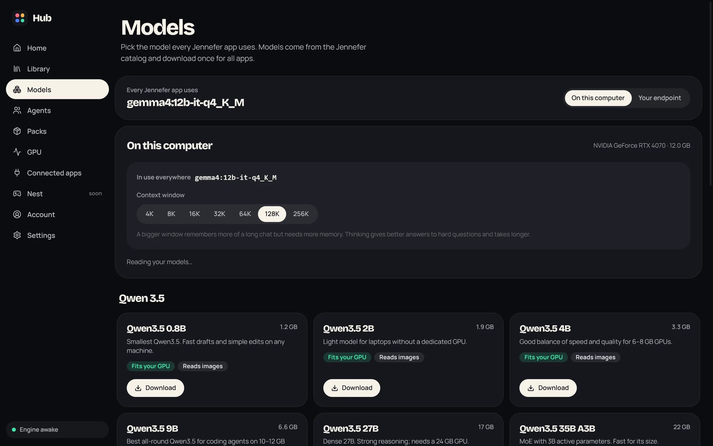 Hub > Models in an earlier version: the model card at the top, the On this computer section with the context window from 4K to 256K, and catalog cards for Qwen 3.5 models with fit labels and Download buttons