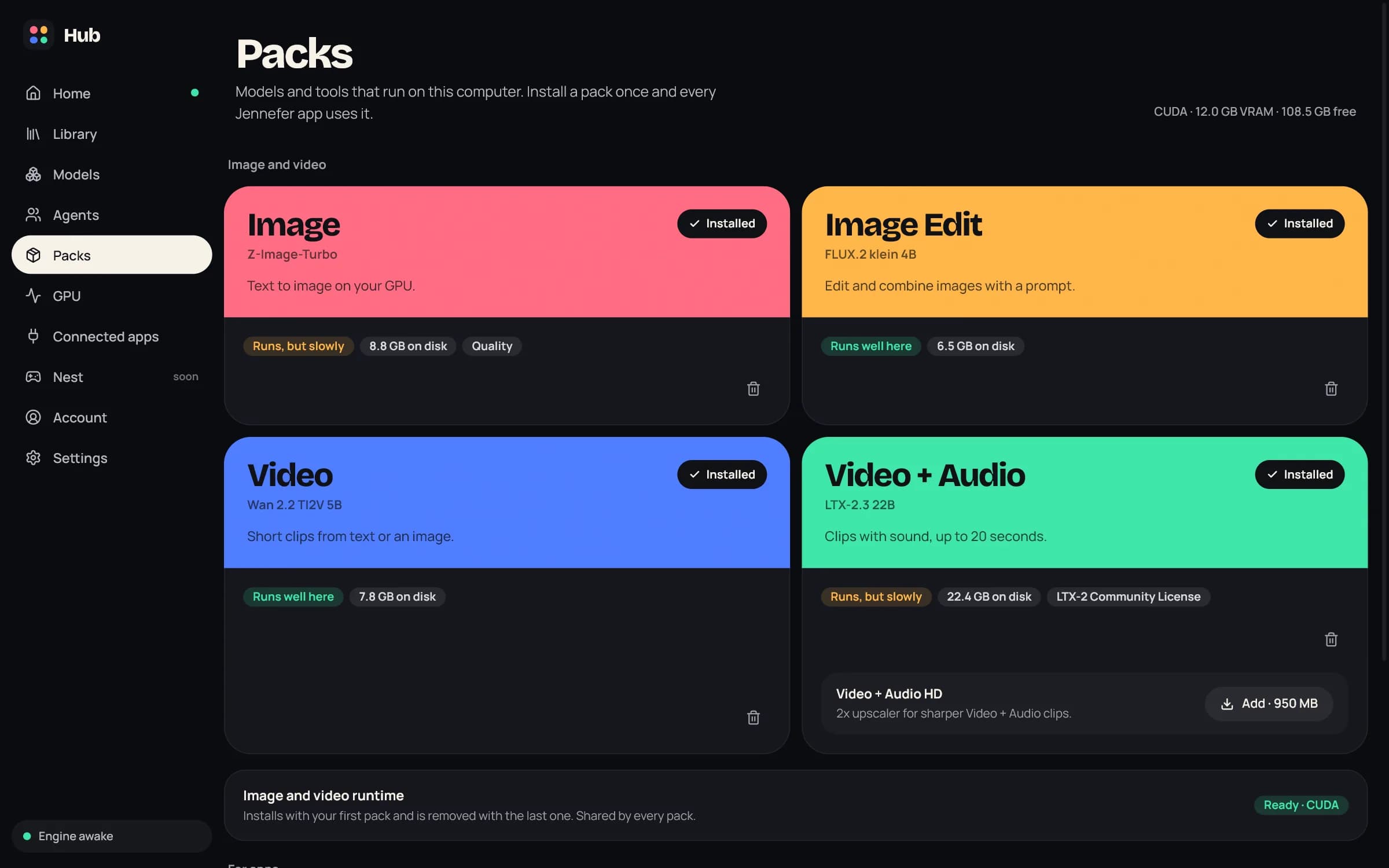 Hub > Packs: Image, Image Edit, Video and Video + Audio cards marked Installed with fit labels and sizes on disk, the Video + Audio HD add-on, and the image and video runtime marked Ready, CUDA