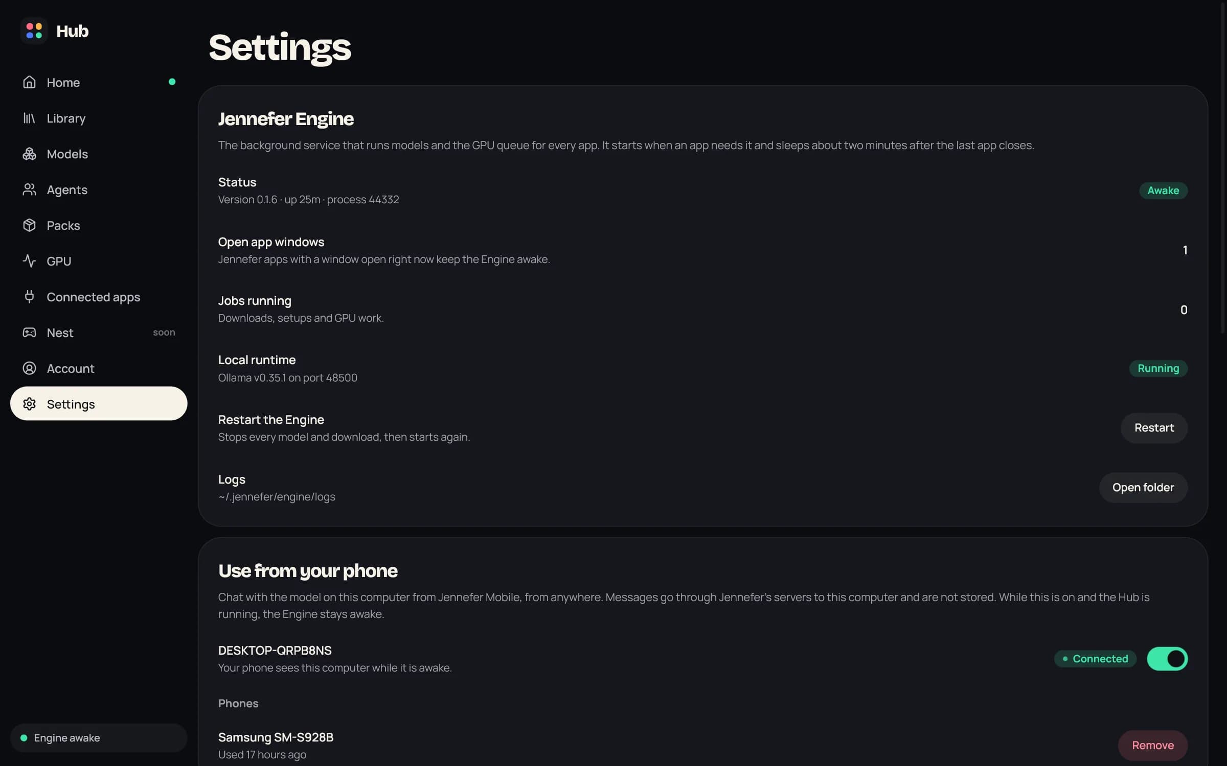 Hub > Settings: the Jennefer Engine section with Status Awake, open app windows, jobs running, the local runtime on port 48500, Restart and Logs, and the Use from your phone section below