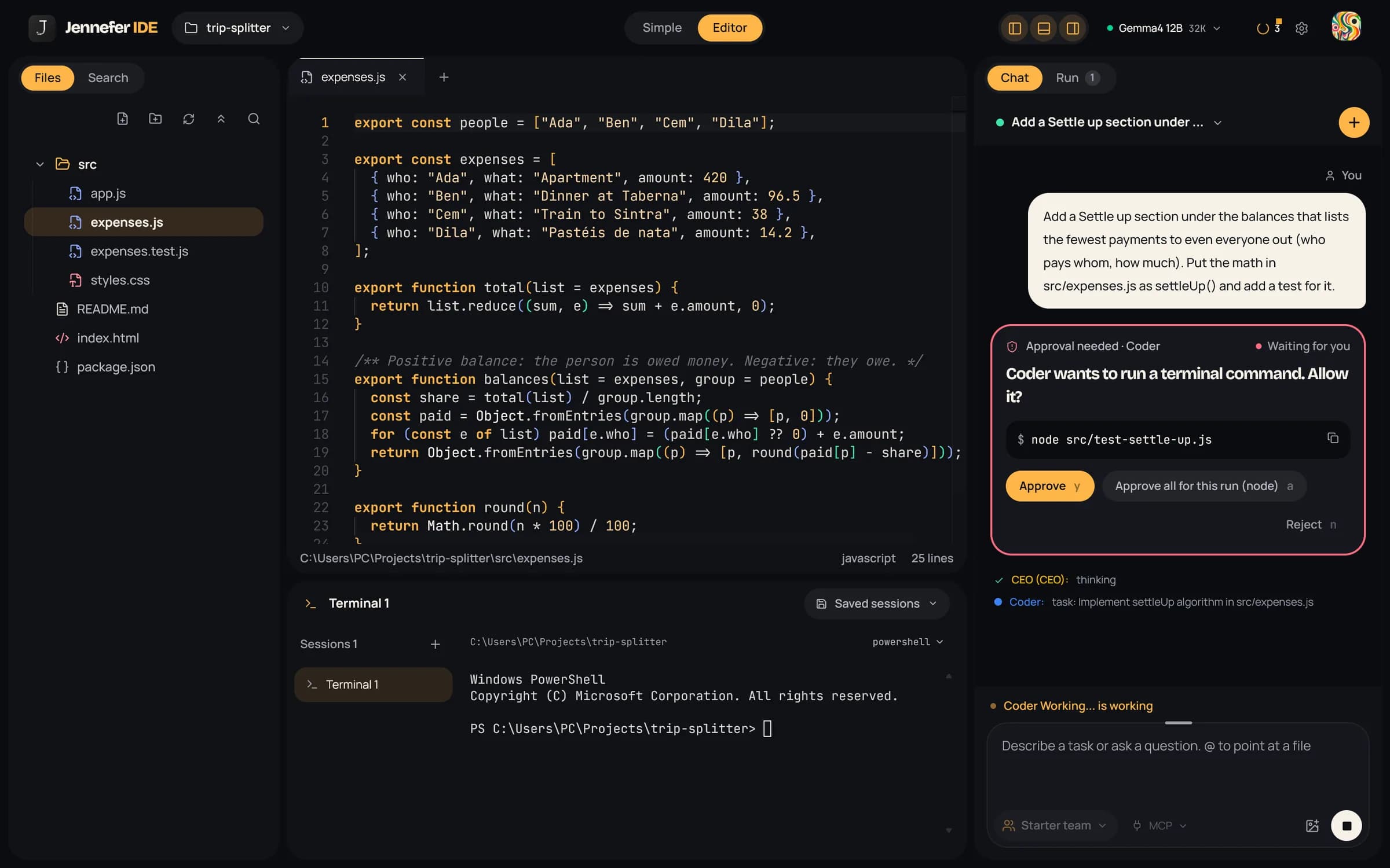An approval card in the IDE chat: the Coder wants to run its test command, with Approve, Approve all for this run and Reject