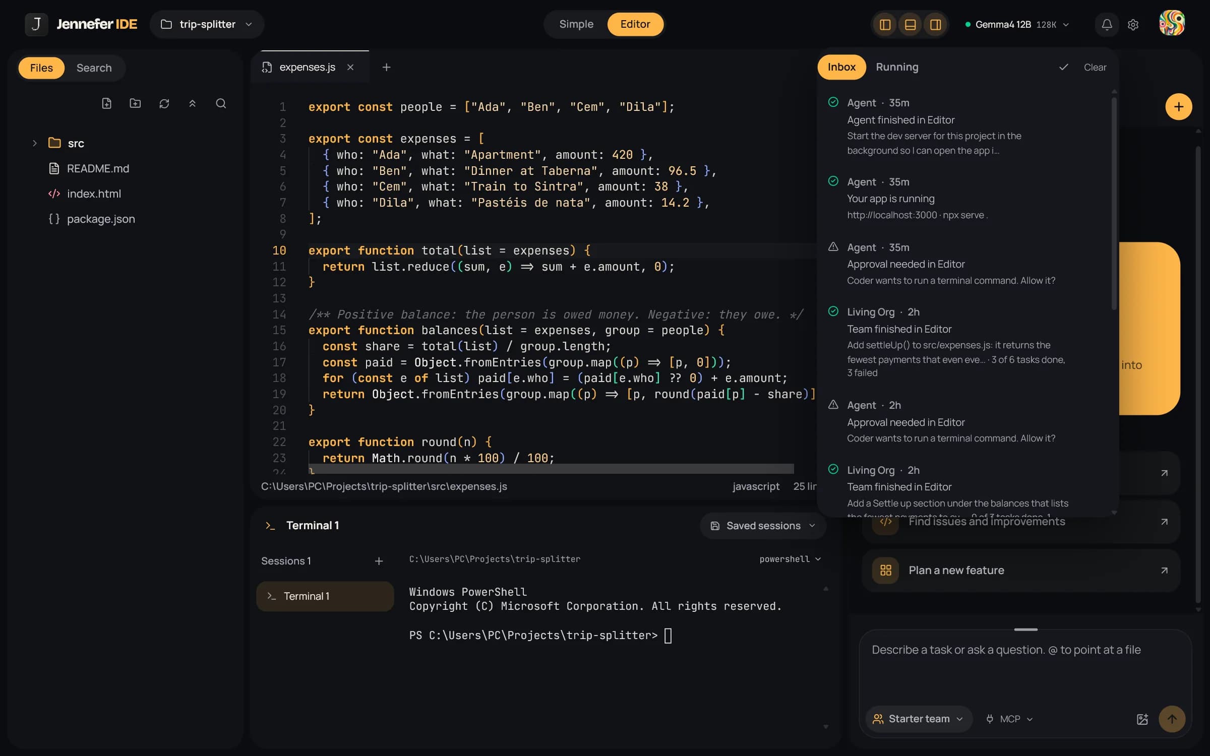 The bell's Inbox: Agent finished in Editor, Your app is running at http://localhost:3000 with npx serve, an approval request and two finished team runs