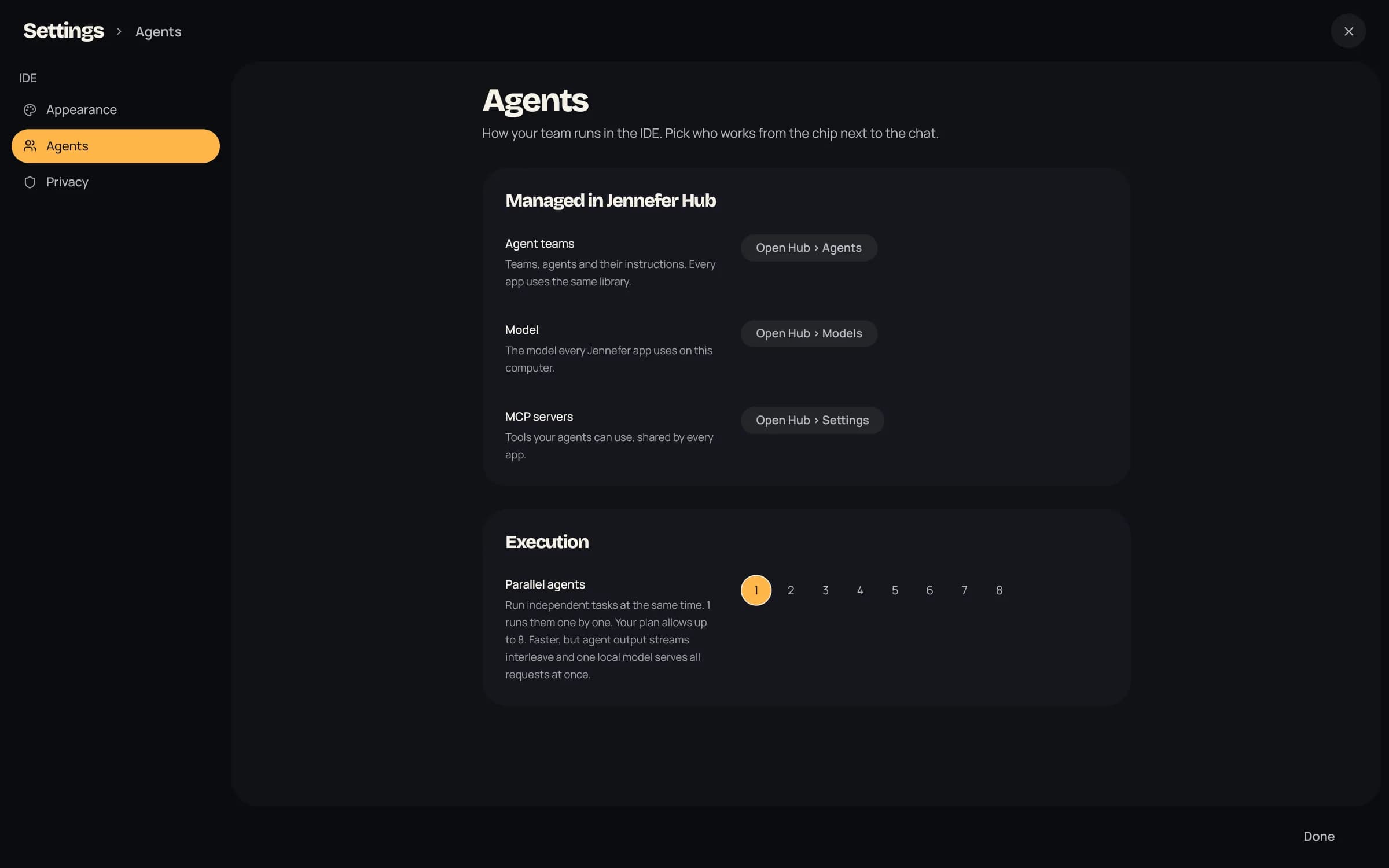 IDE Settings on Agents: Managed in Jennefer Hub with Open Hub > Agents, Open Hub > Models and Open Hub > Settings, and Parallel agents from 1 to 8