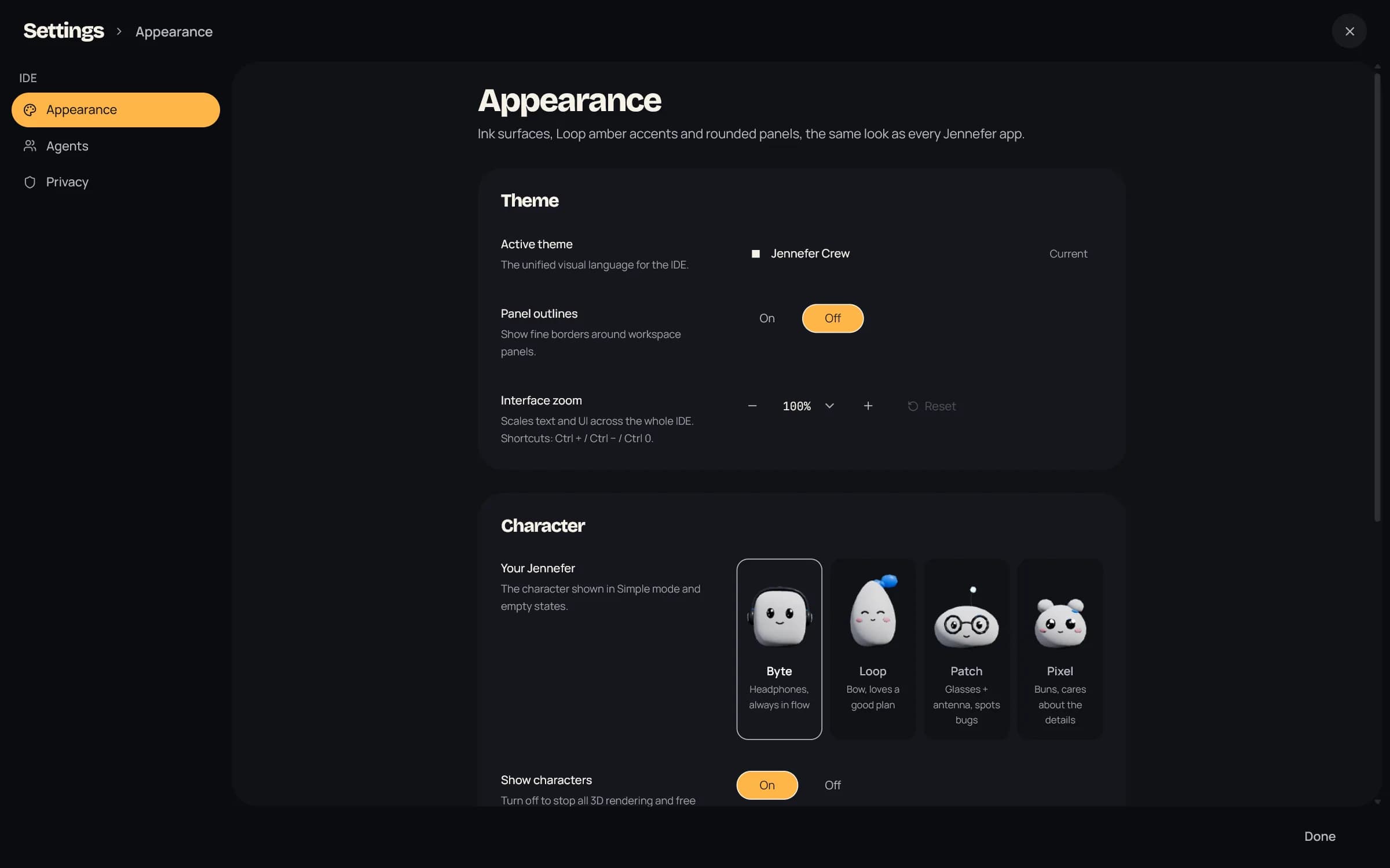 IDE Settings on Appearance: the Jennefer Crew theme, Panel outlines, Interface zoom at 100%, and the four characters Byte, Loop, Patch and Pixel with Show characters on