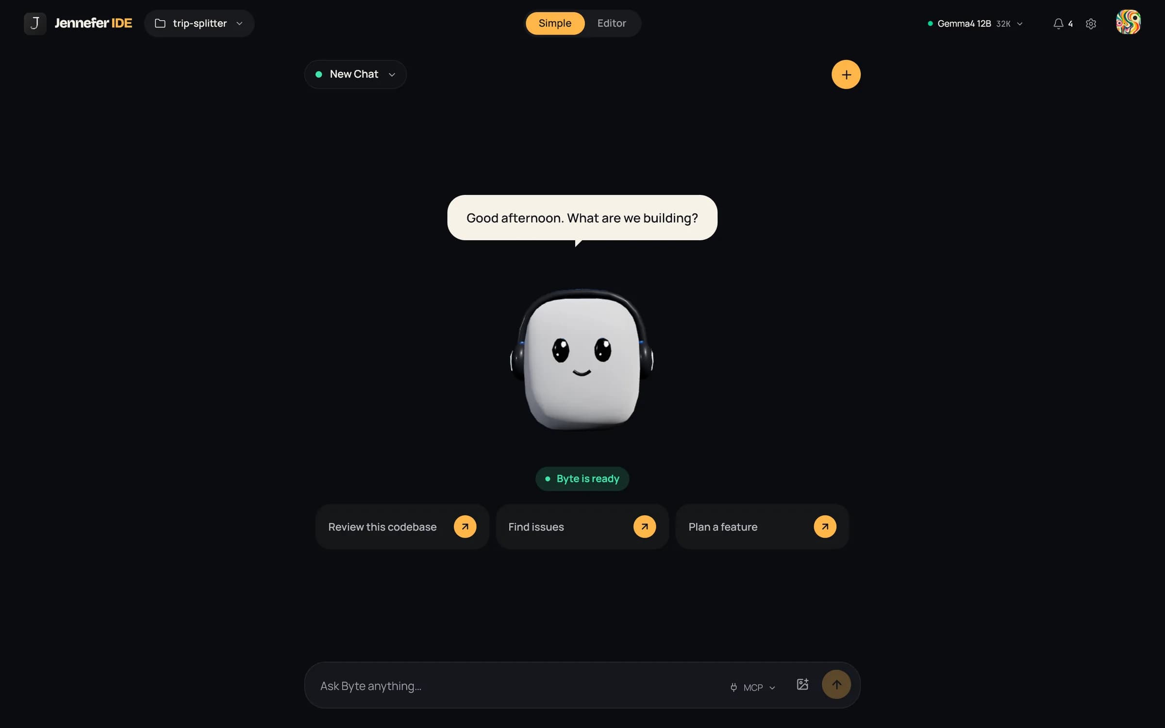 Simple view: the Byte character with a short reply about the trip-splitter project and the message box below