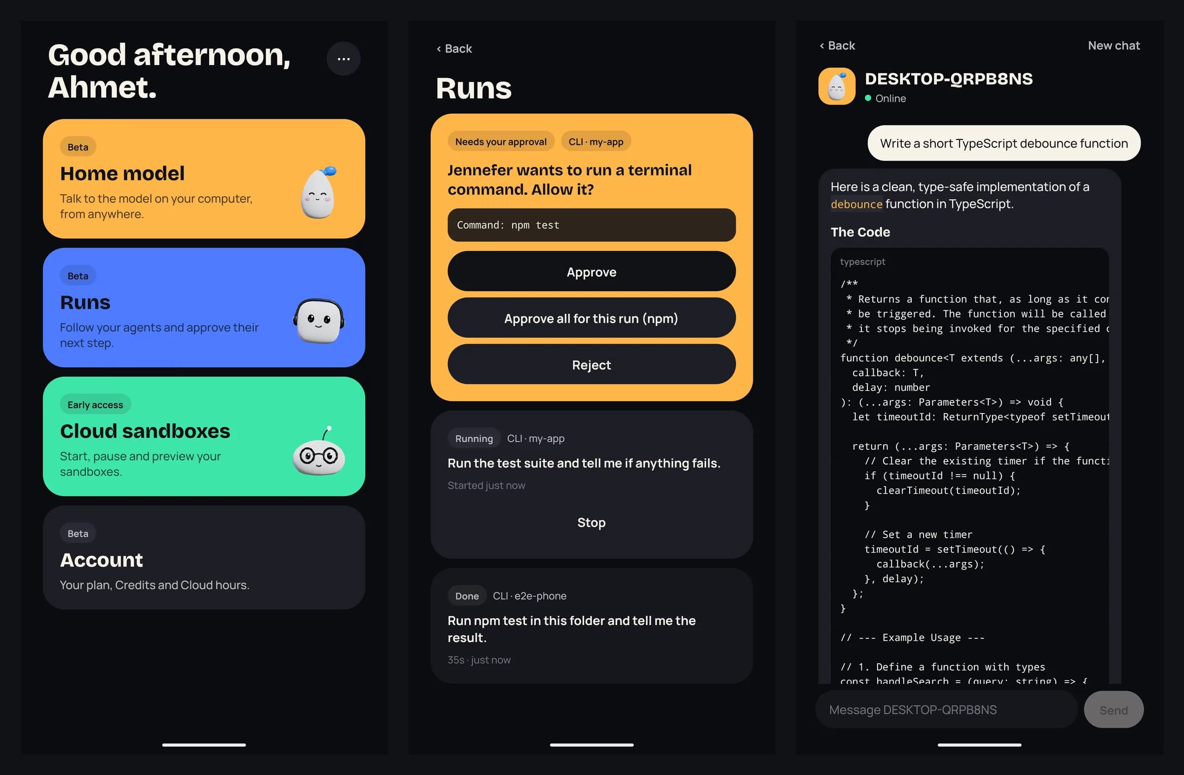 Three Jennefer Mobile screens: Home with Home model, Runs, Cloud sandboxes and Account; Runs with an agent asking to run a command; and a chat with the model on the computer