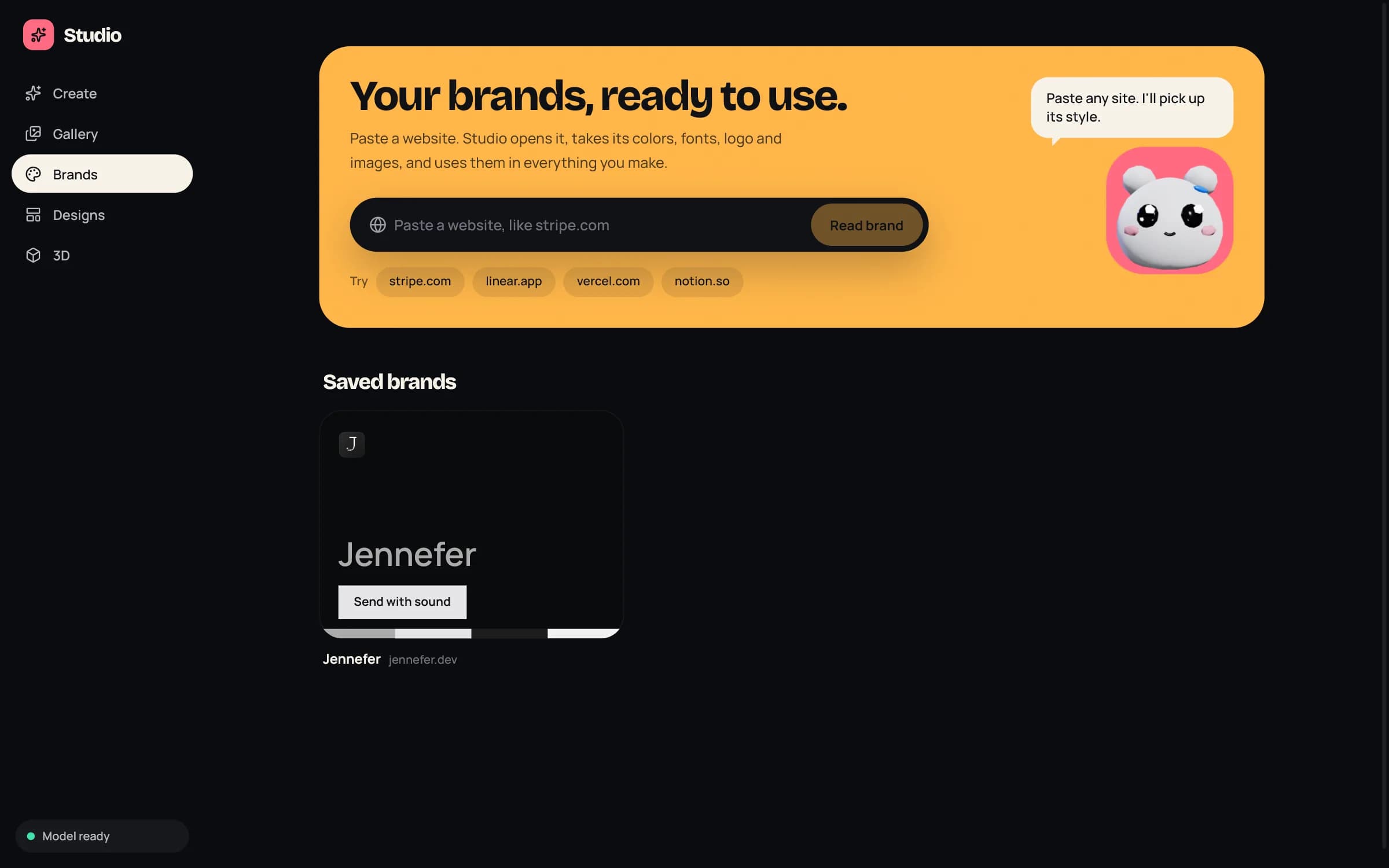 Studio Brands: Your brands, ready to use, with the website field, the Read brand button, example sites and saved brands