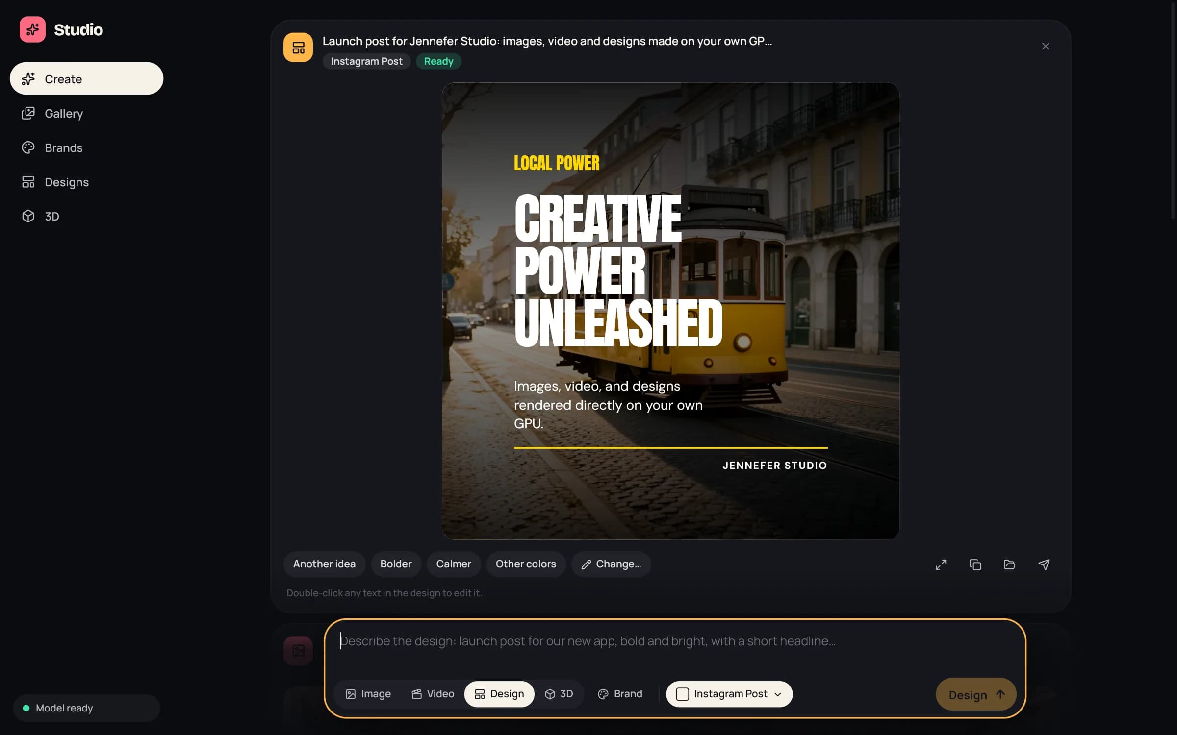 A Studio design card: a launch post with a headline, a photo and the brand's colors, with version arrows and direction buttons