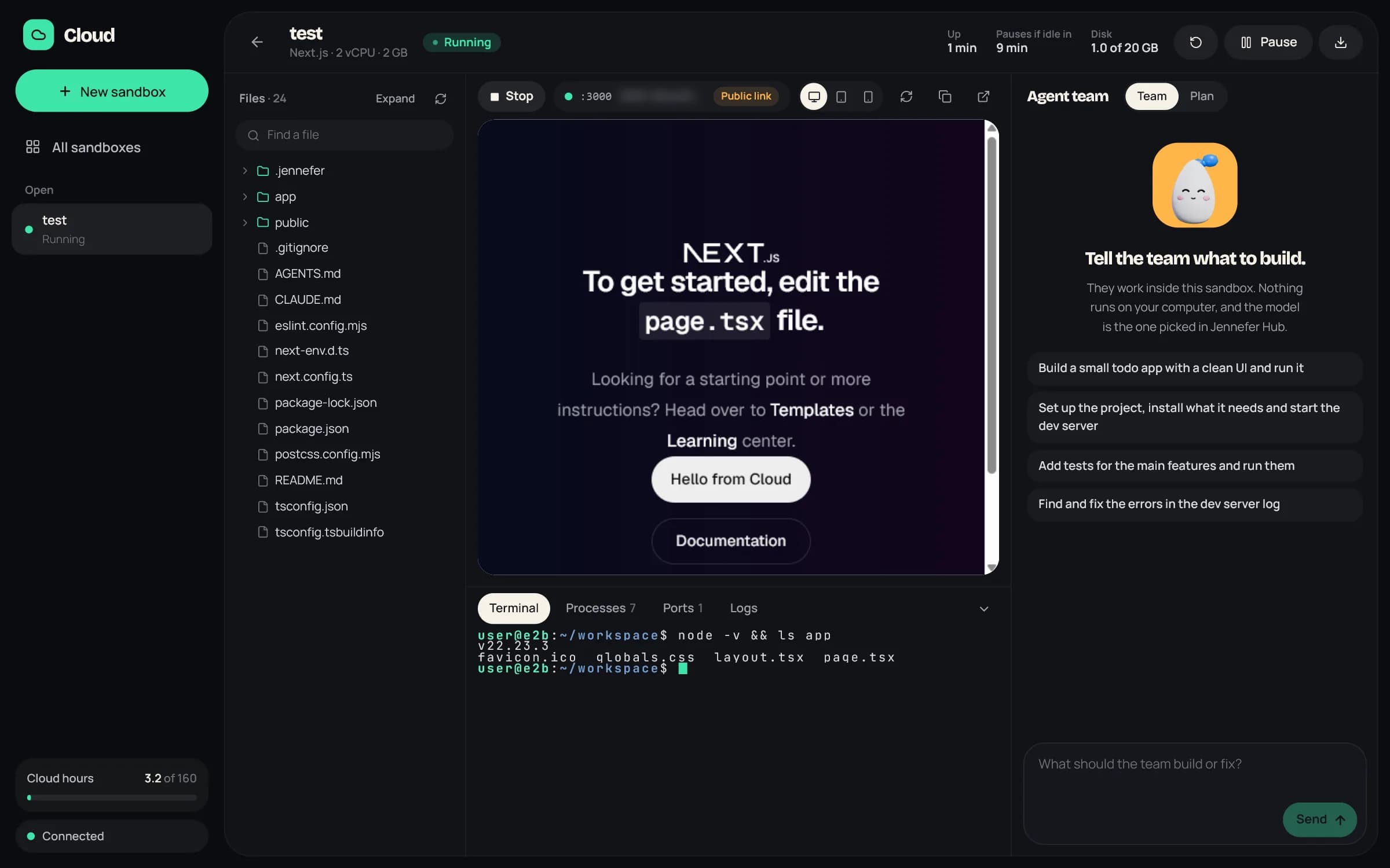 A Cloud sandbox: files, the running dev server in the preview, a terminal and the agent team, all in one cloud machine