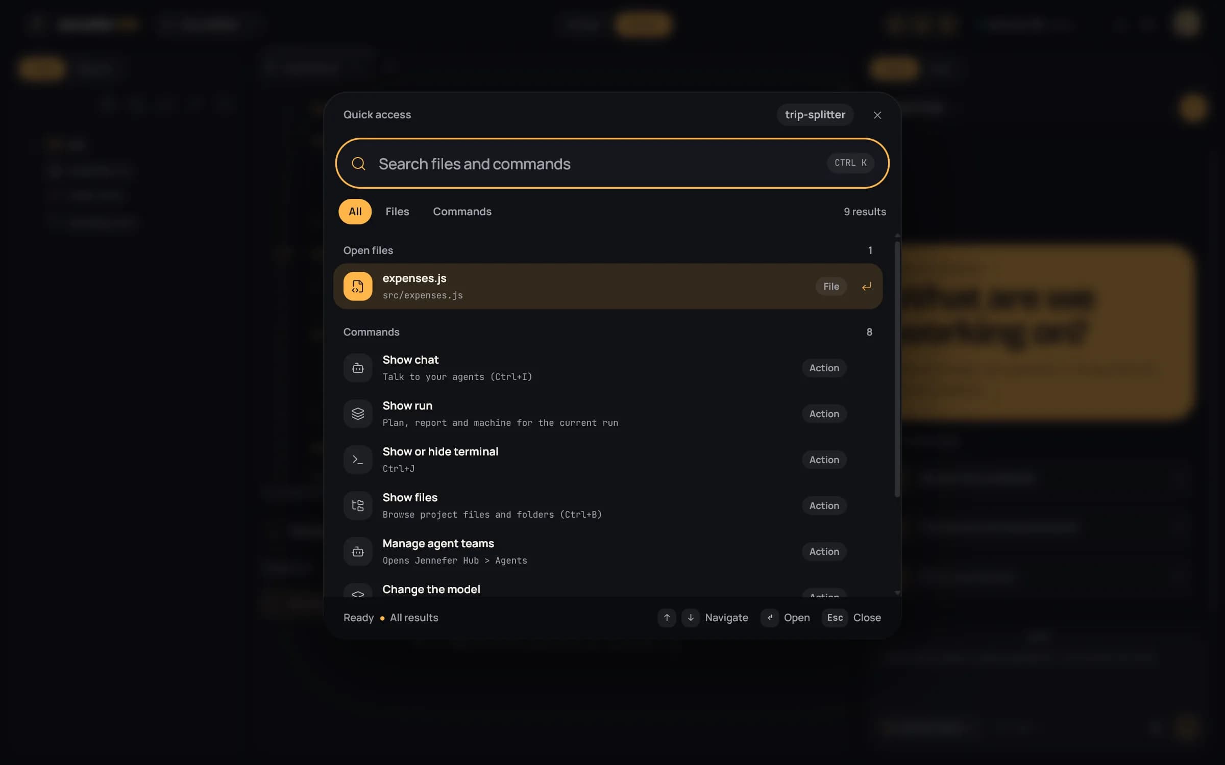 Quick access with the open file expenses.js and the commands Show chat, Show run, Show or hide terminal, Show files, Manage agent teams and Change the model