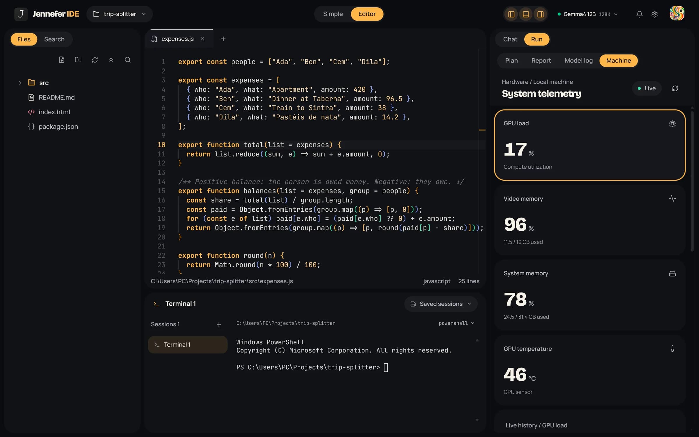 Run > Machine: System telemetry with GPU load 17%, video memory 96%, system memory 78% and GPU temperature 46 degrees