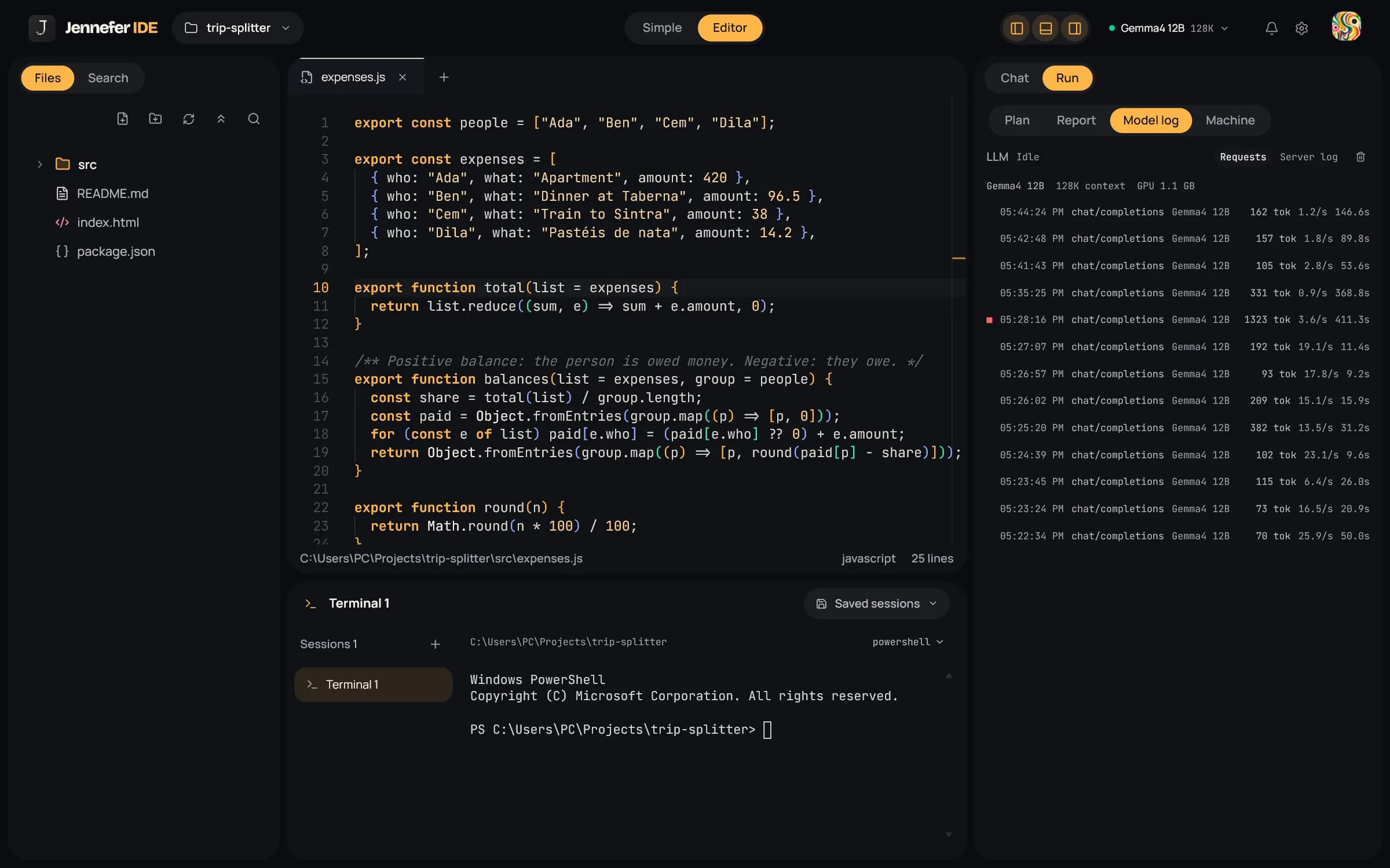 Run > Model log: the LLM status Idle, Gemma4 12B with 128K context loaded on the GPU, and a list of chat/completions requests with tokens, speed and duration