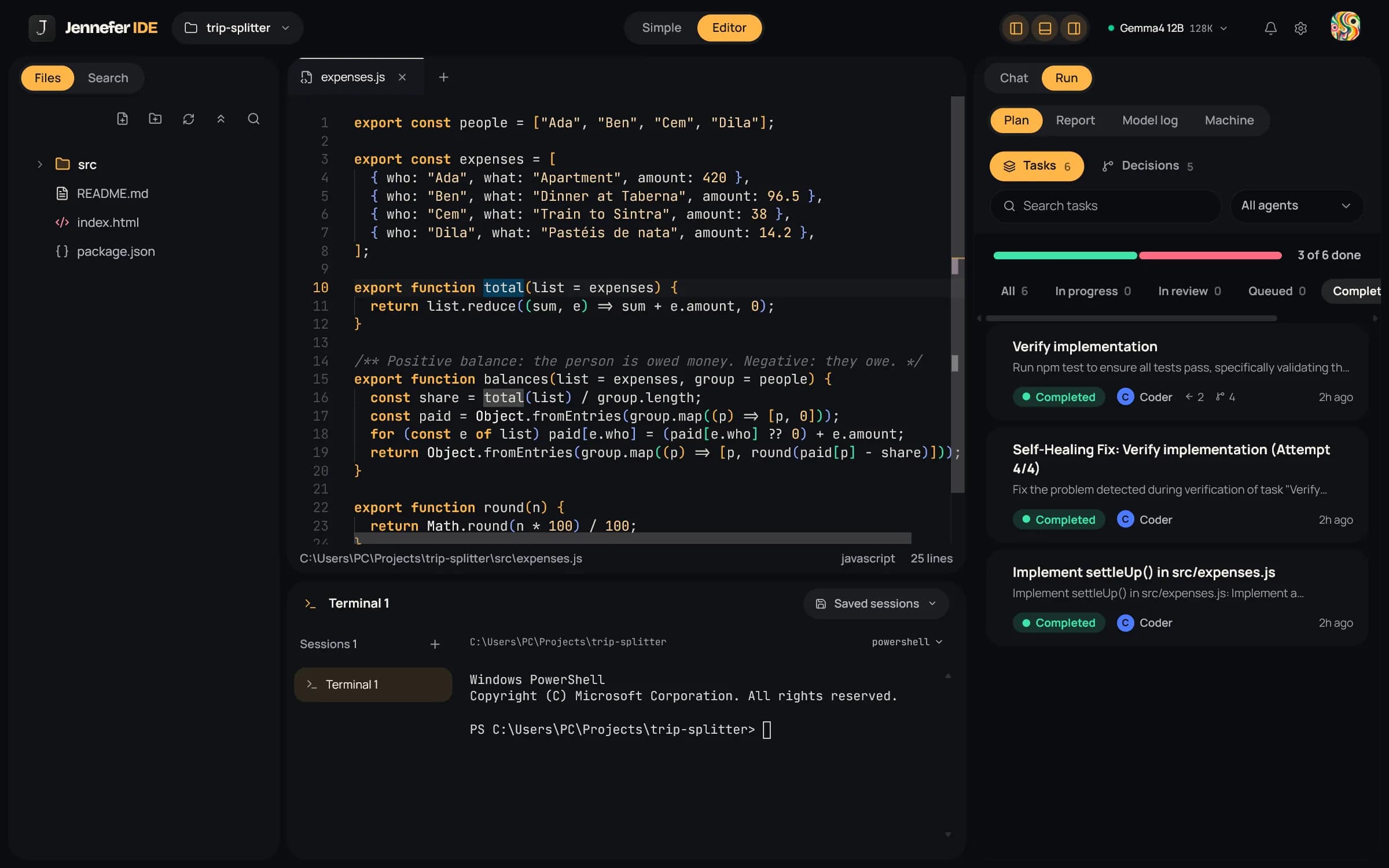 Run > Plan: Tasks 6 and Decisions 5, a progress bar with 3 of 6 done, status filters, and completed tasks such as Verify implementation and Implement settleUp() in src/expenses.js, each with the Coder agent