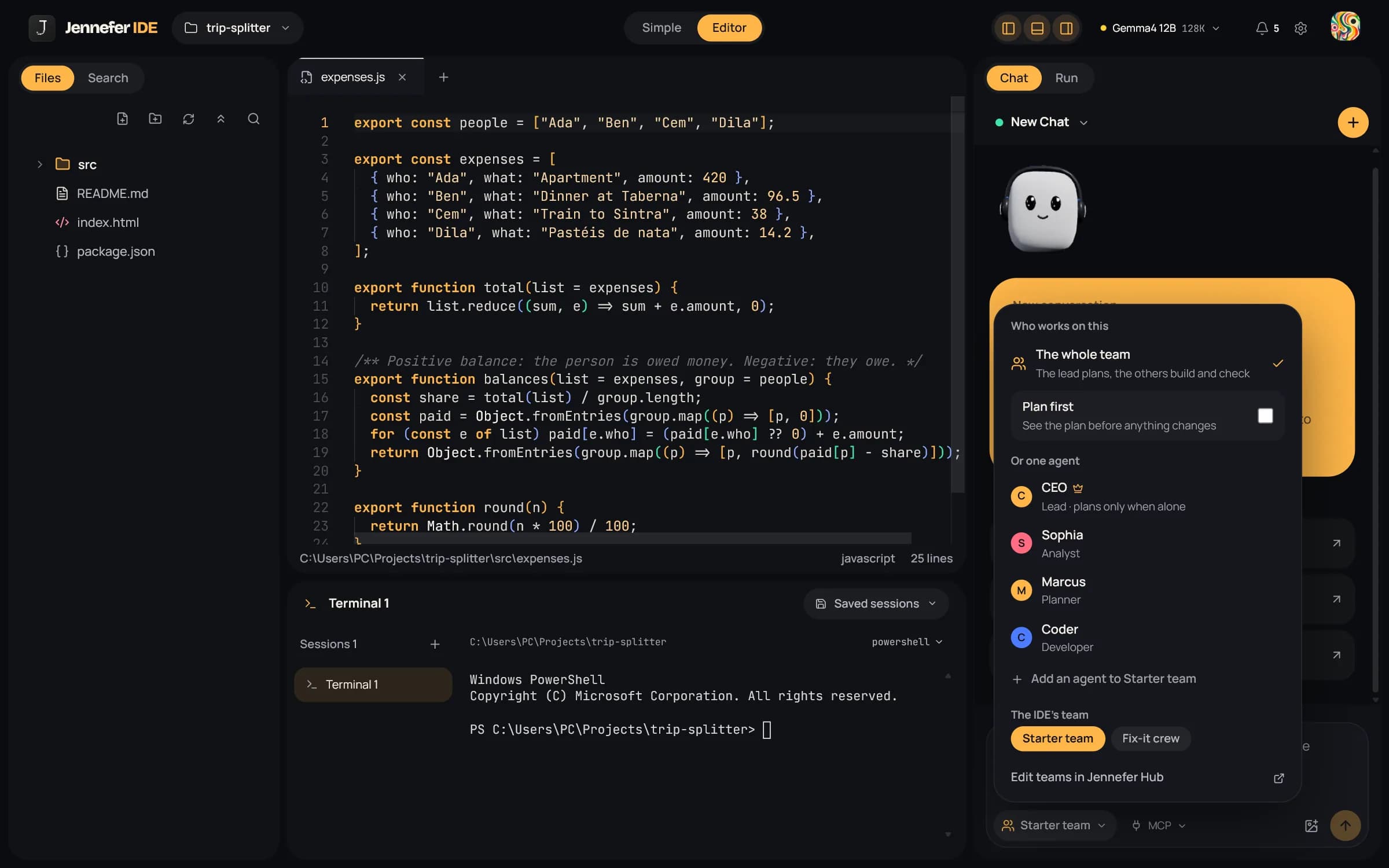 The Who works on this menu open over the chat: The whole team (selected), the Plan first checkbox, the four agents of the Starter team, Add an agent to Starter team, The IDE's team with Starter team and Fix-it crew, and Edit teams in Jennefer Hub