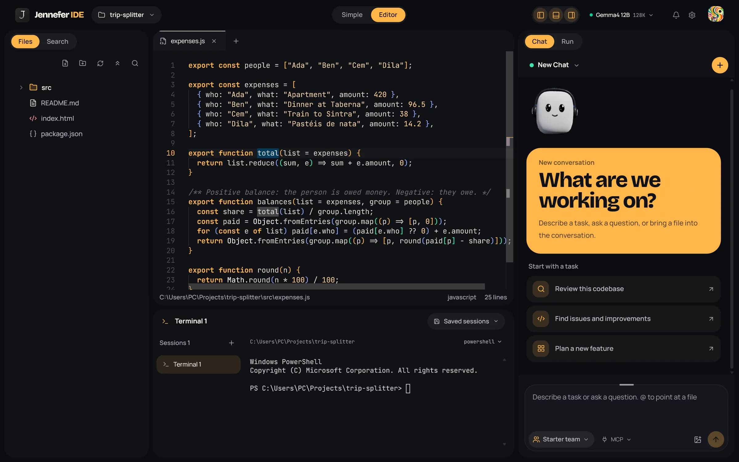 The Workbench: Files and Search on the left, the code editor above the terminal in the center, Chat and Run on the right, and the header with the project, the Simple and Editor pill, panel toggles, the model chip, the bell and the avatar