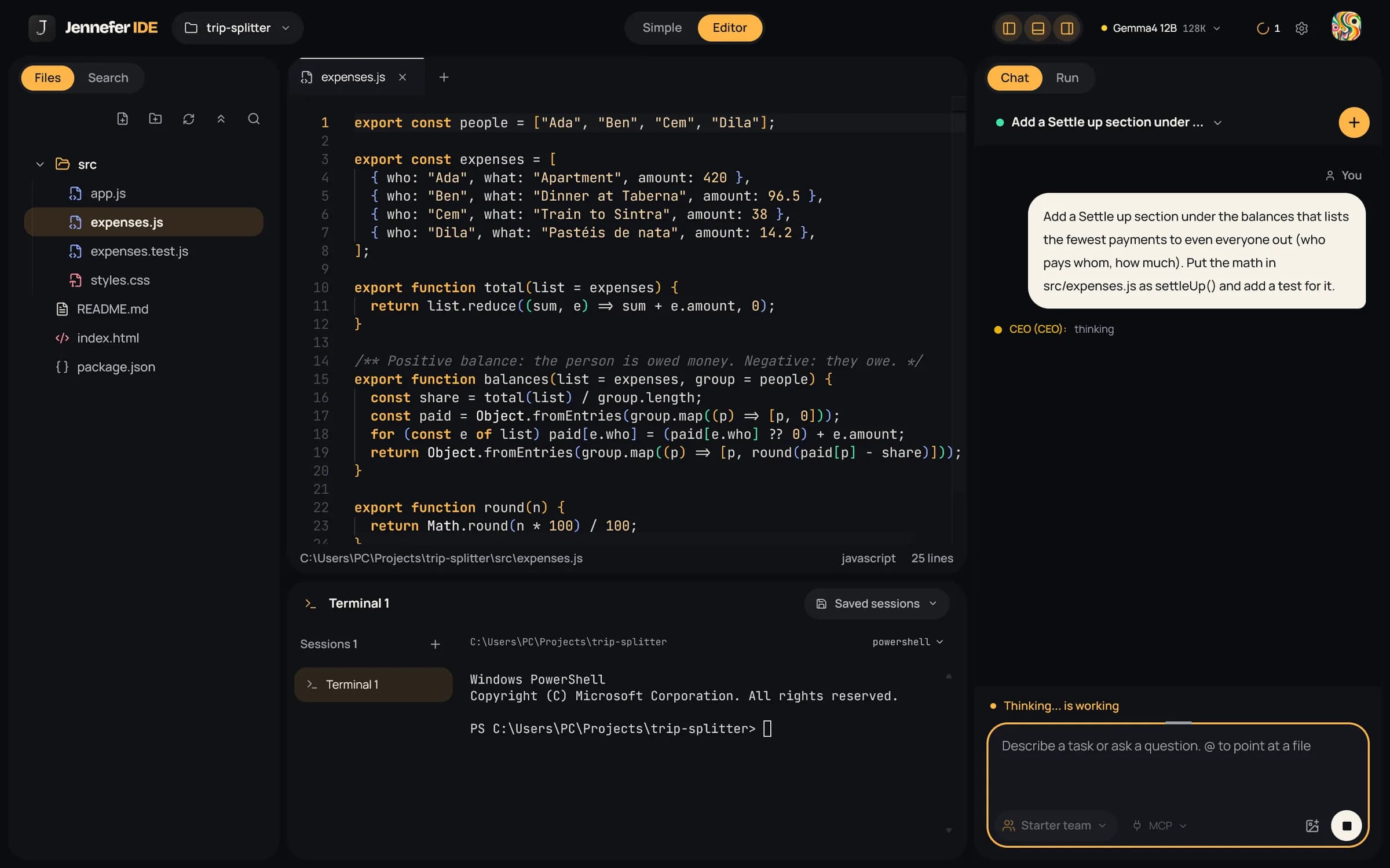 The IDE during a team run: the CEO plans and the Coder writes code, with the live activity in the chat next to the editor