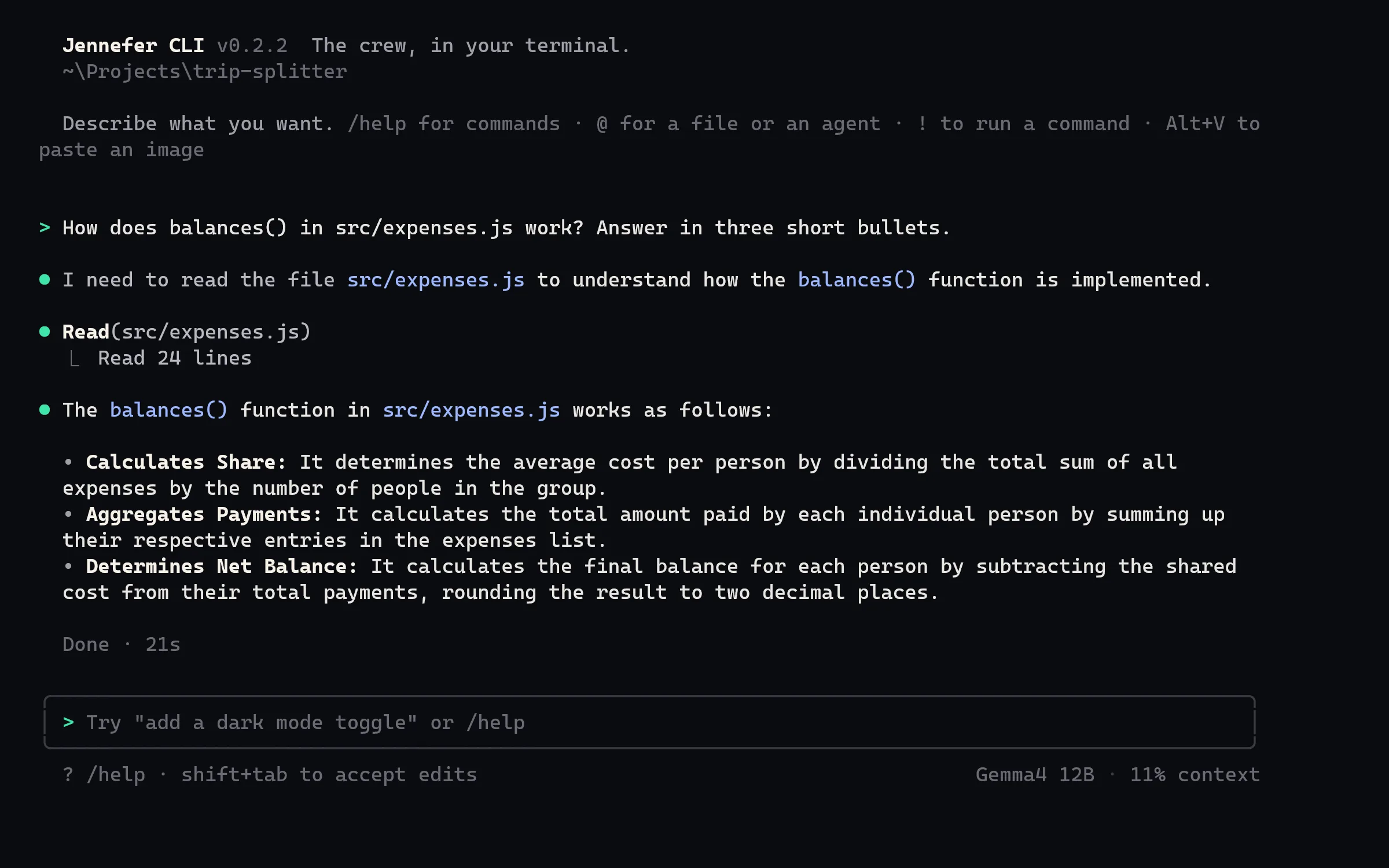 Jennefer CLI: Ask about your code. It reads the file and answers. Done in 21 seconds on a local model.