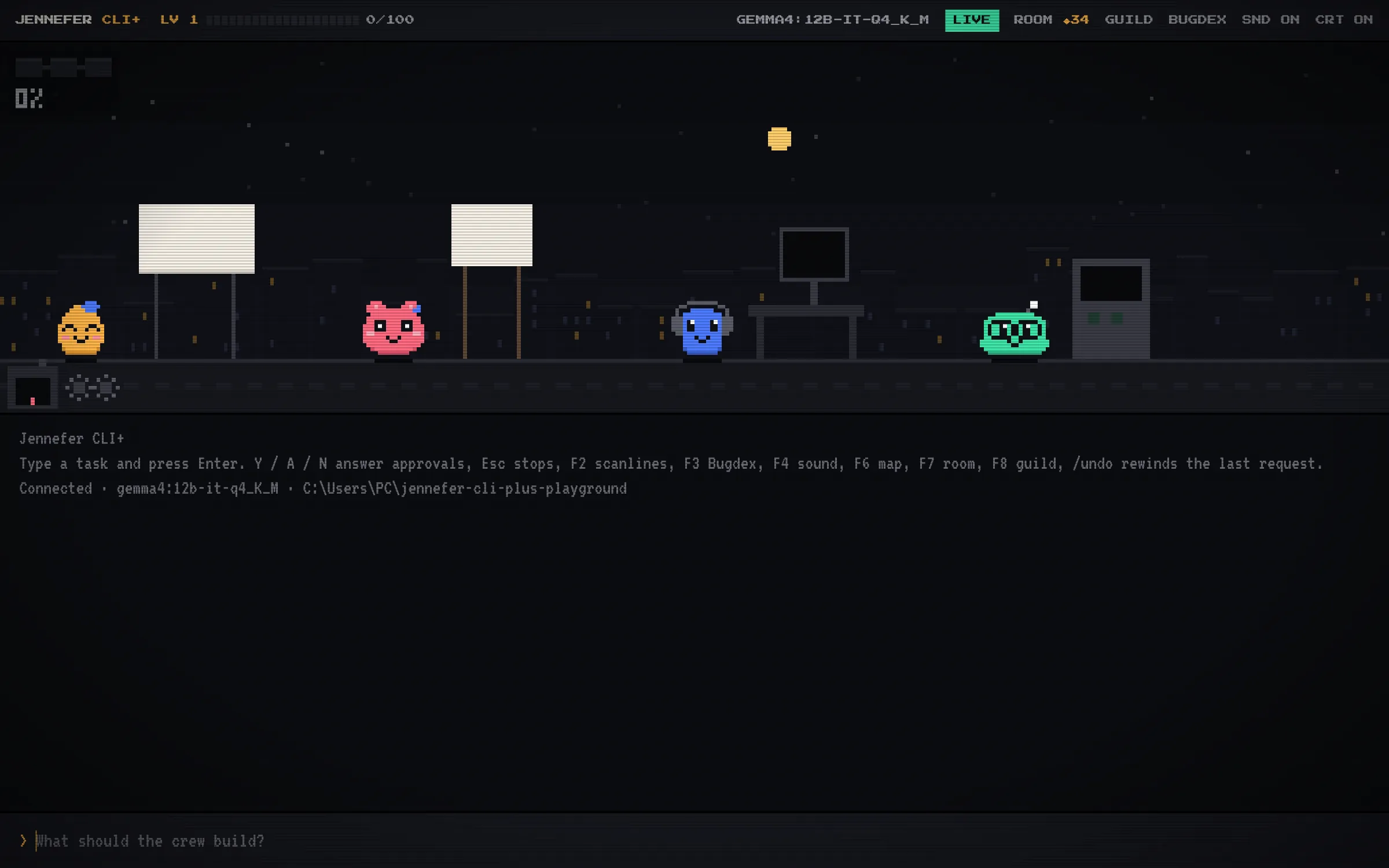 Jennefer CLI+: The crew on stage. Connected to the real CLI and your local model. Every event plays out on the stage.