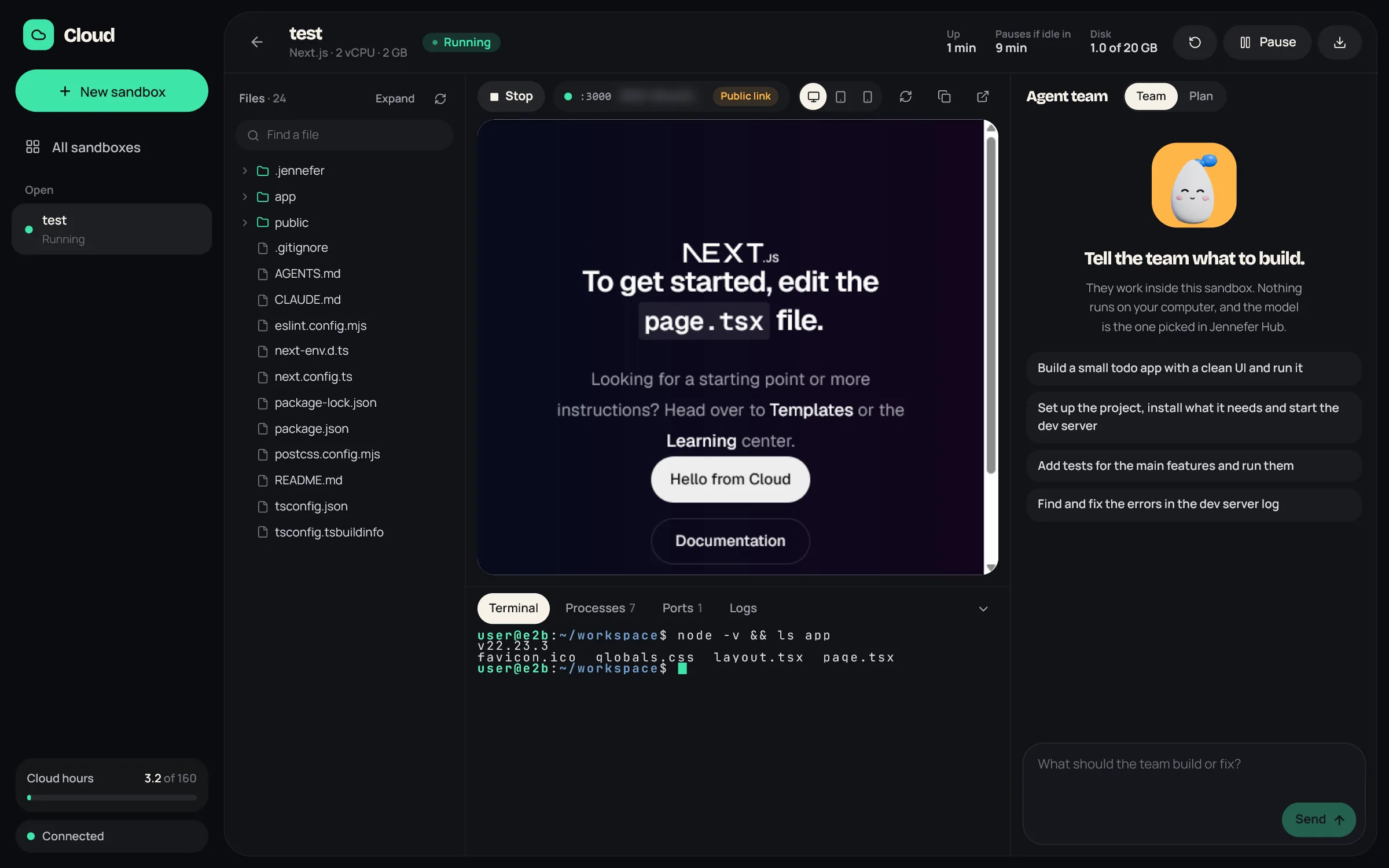 Jennefer Cloud: A sandbox, live. Files, the running dev server, a terminal and the agent team, all in one cloud machine.