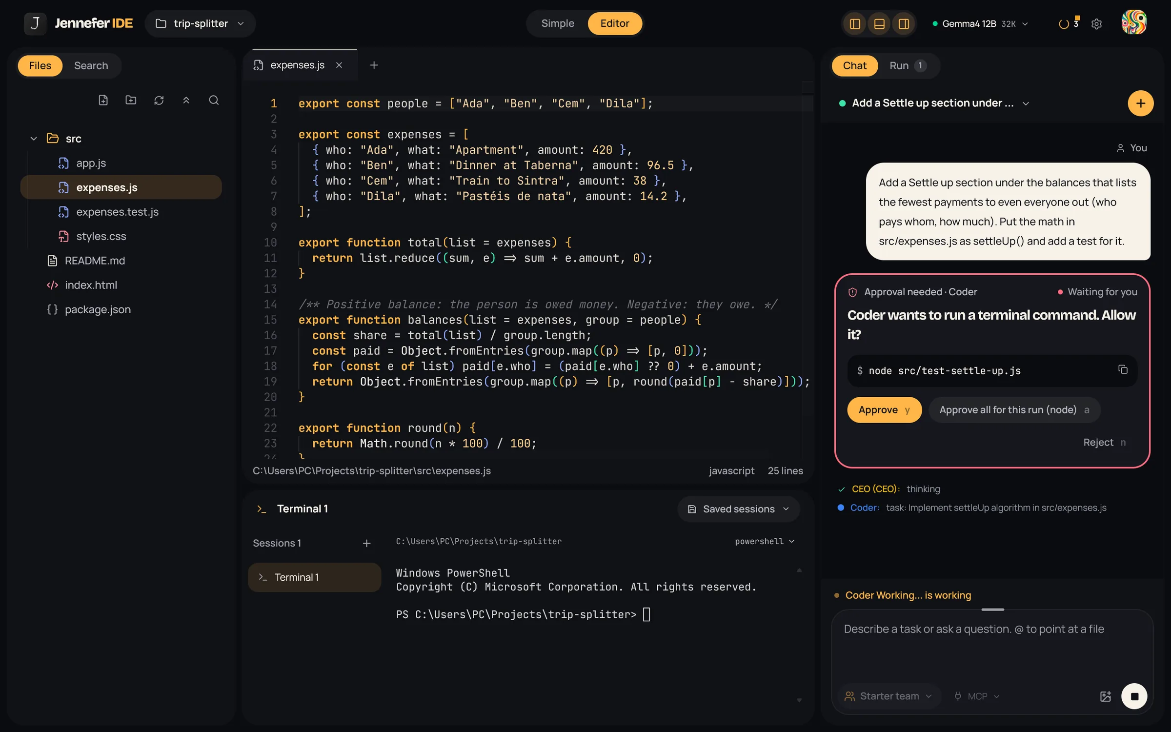Jennefer IDE: You approve every command. The Coder wants to run its test. Nothing runs until you say yes.