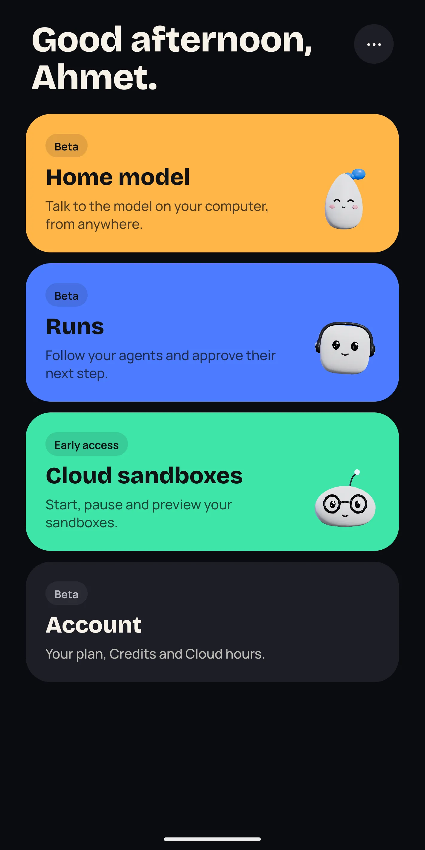 Jennefer Mobile: Everything in one place. Home model, runs, sandboxes and your account.