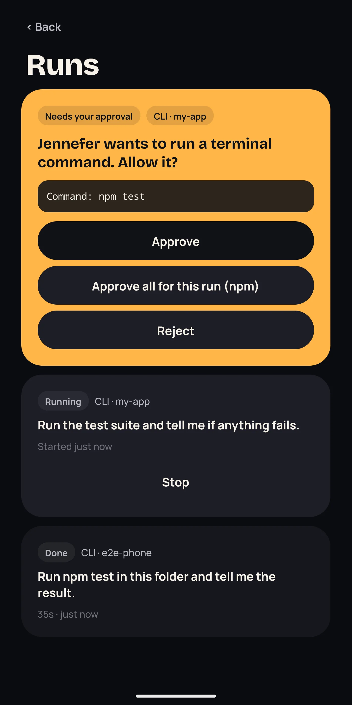 Jennefer Mobile: Approve from anywhere. An agent asks to run a command. Approve it from your phone.